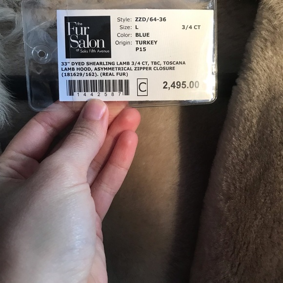 NWT Saks Fifth Ave. Gian Mori Shearling Coat in Deep Dusty Blue - size 40/S - Picture 3 of 10